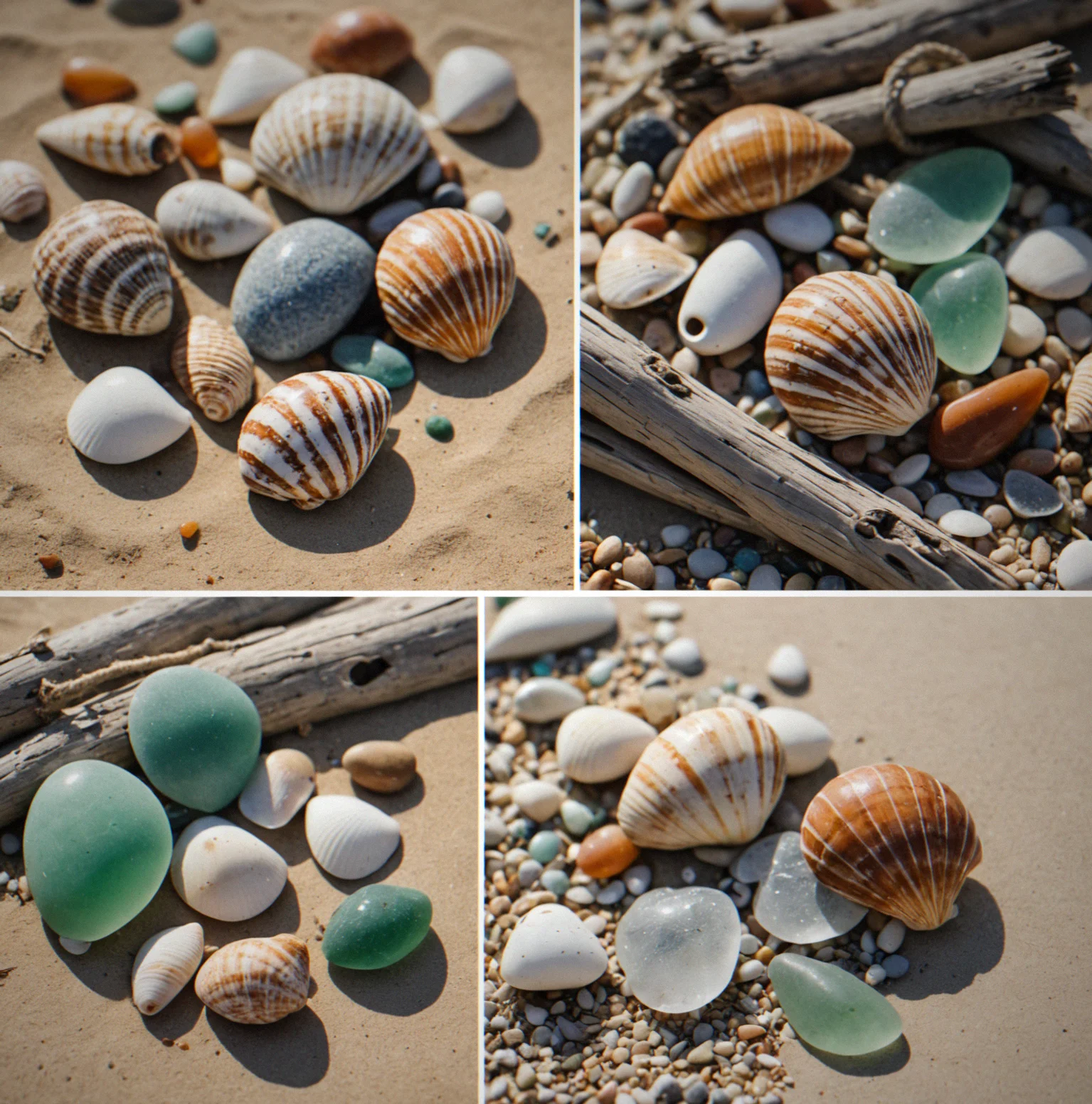 The same stretch of rocky beach photographed in four different seasons, showing subtle changes in light, vegetation, and weathering