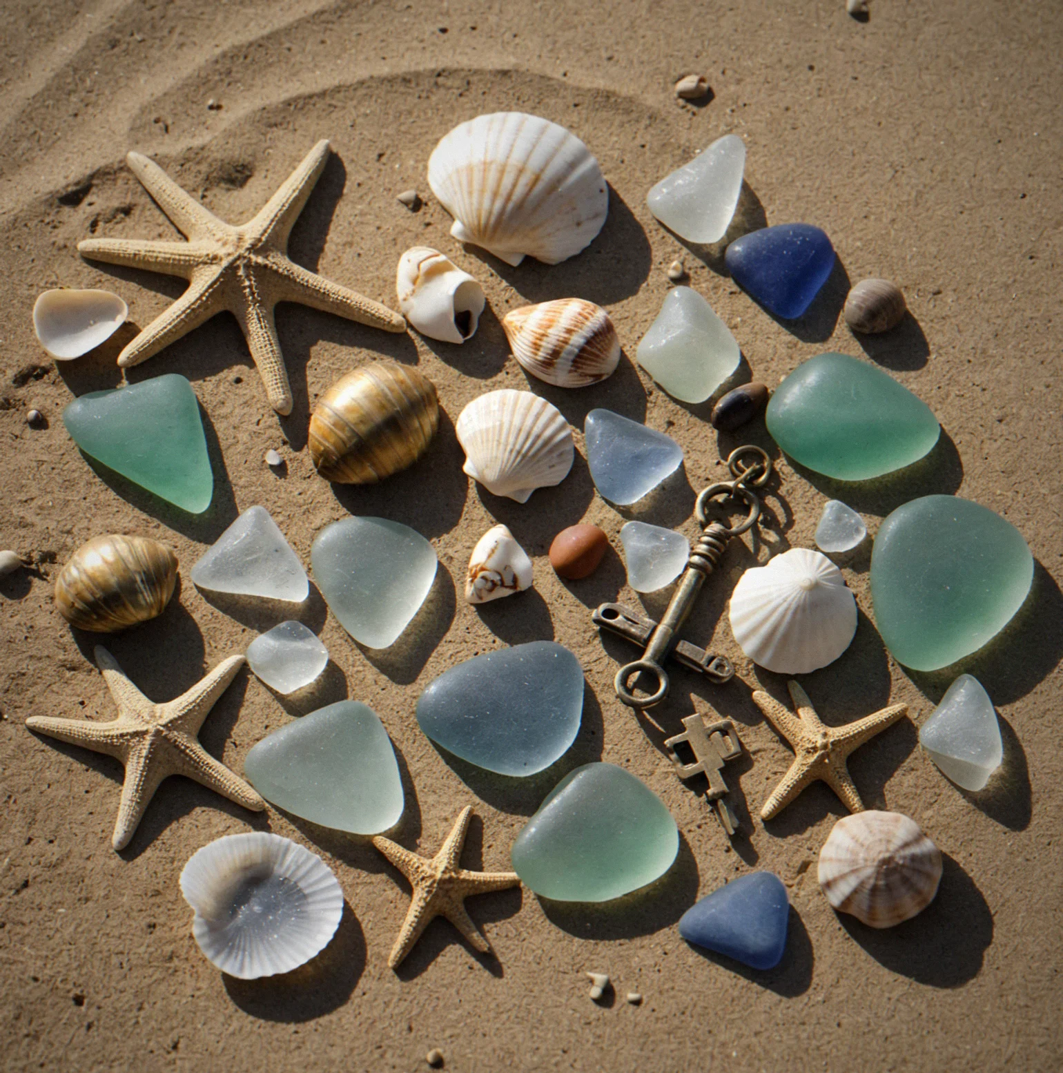 A worn photograph, a brass key, handwritten letters, and fragments of glass arranged in sand with natural lighting casting shadows