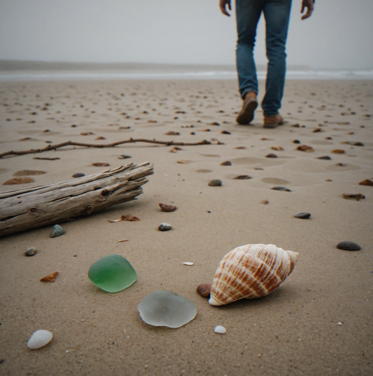 A solitary figure walking along a foggy shoreline with no visible destination or markers, just sand and mist