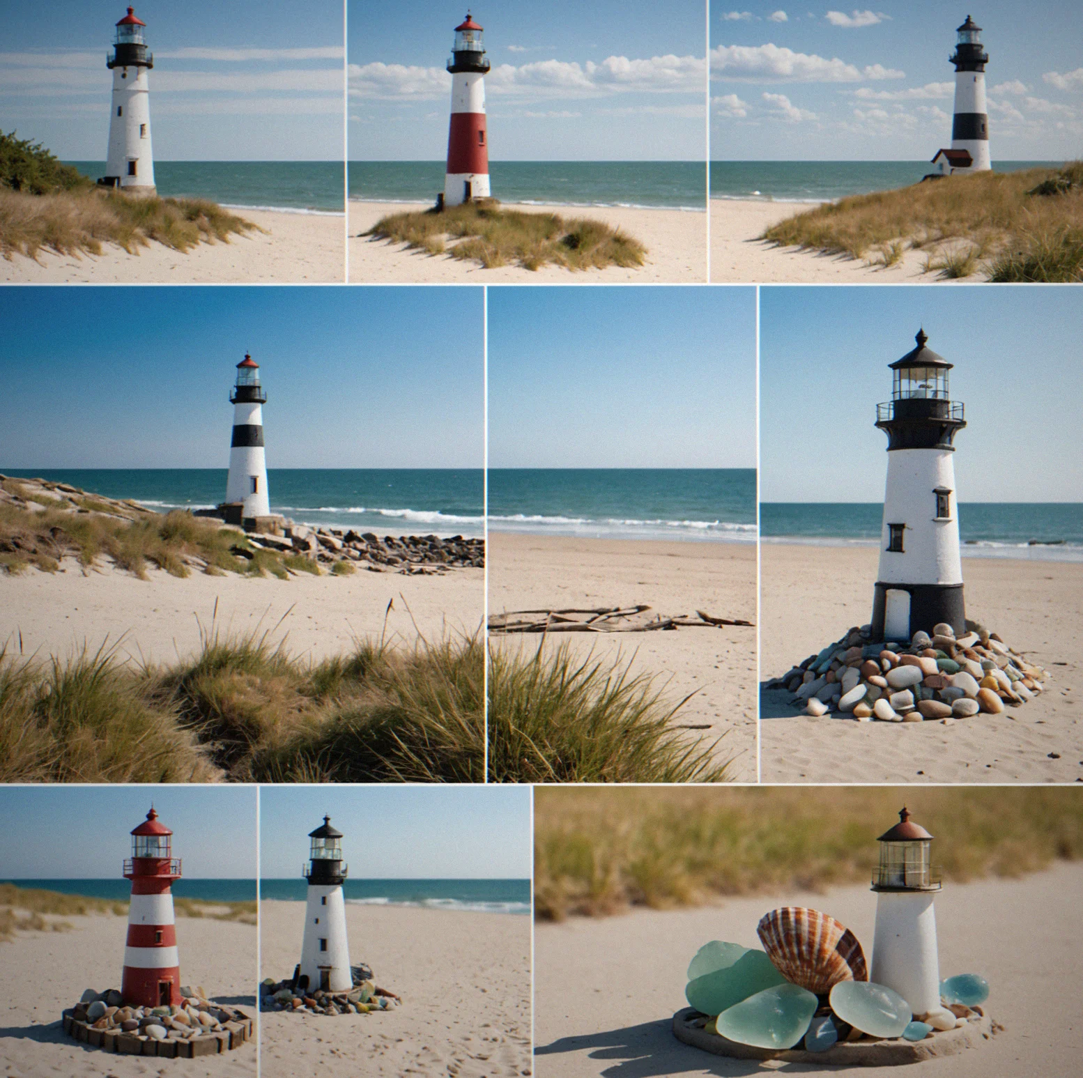 A lighthouse and shoreline viewed across four seasons arranged in a grid, showing distinct weather, light, and color shifts