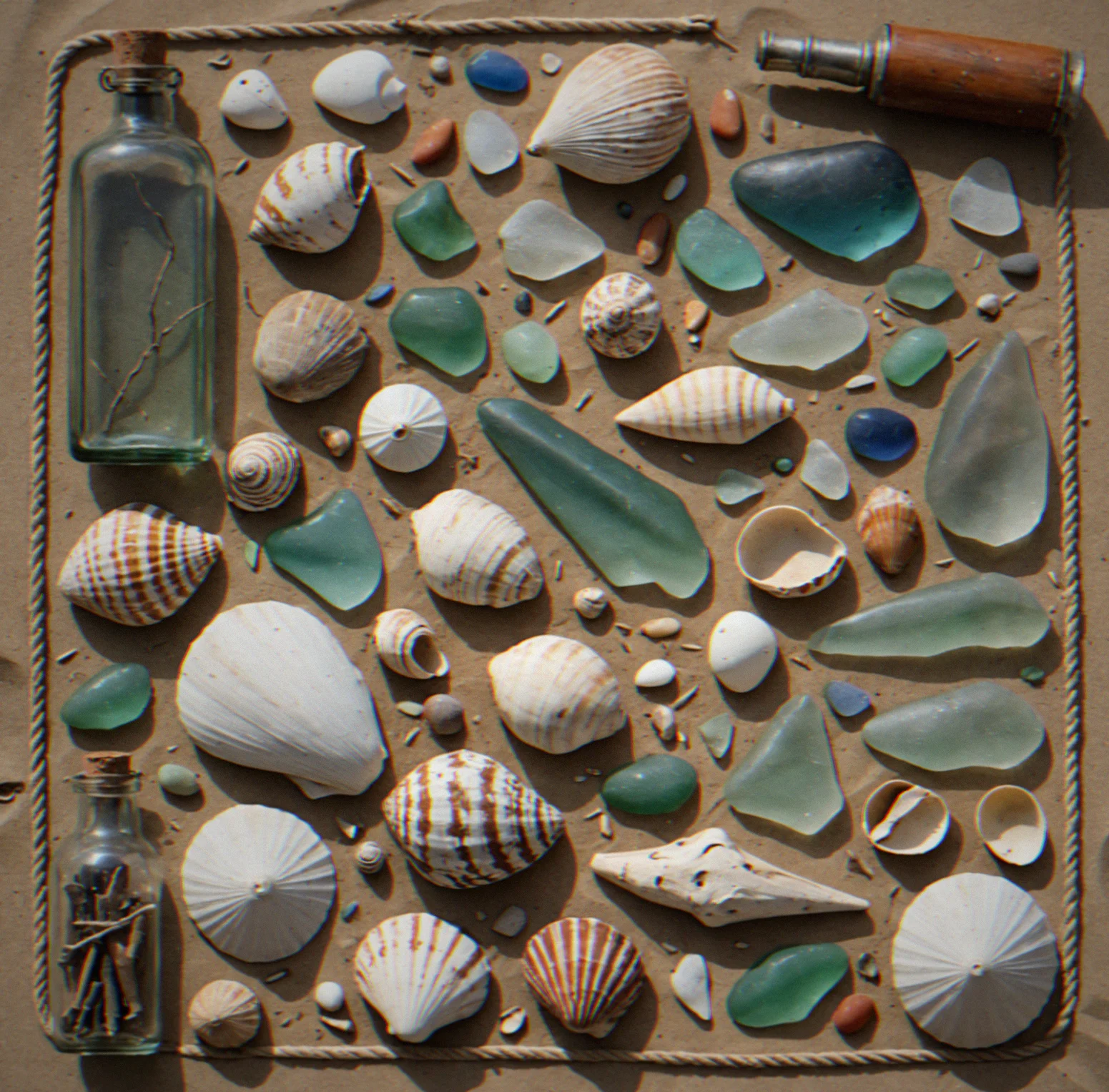 Weathered objects arranged on sand: handwritten letters, a faded photograph, a glass bottle with paper inside, driftwood