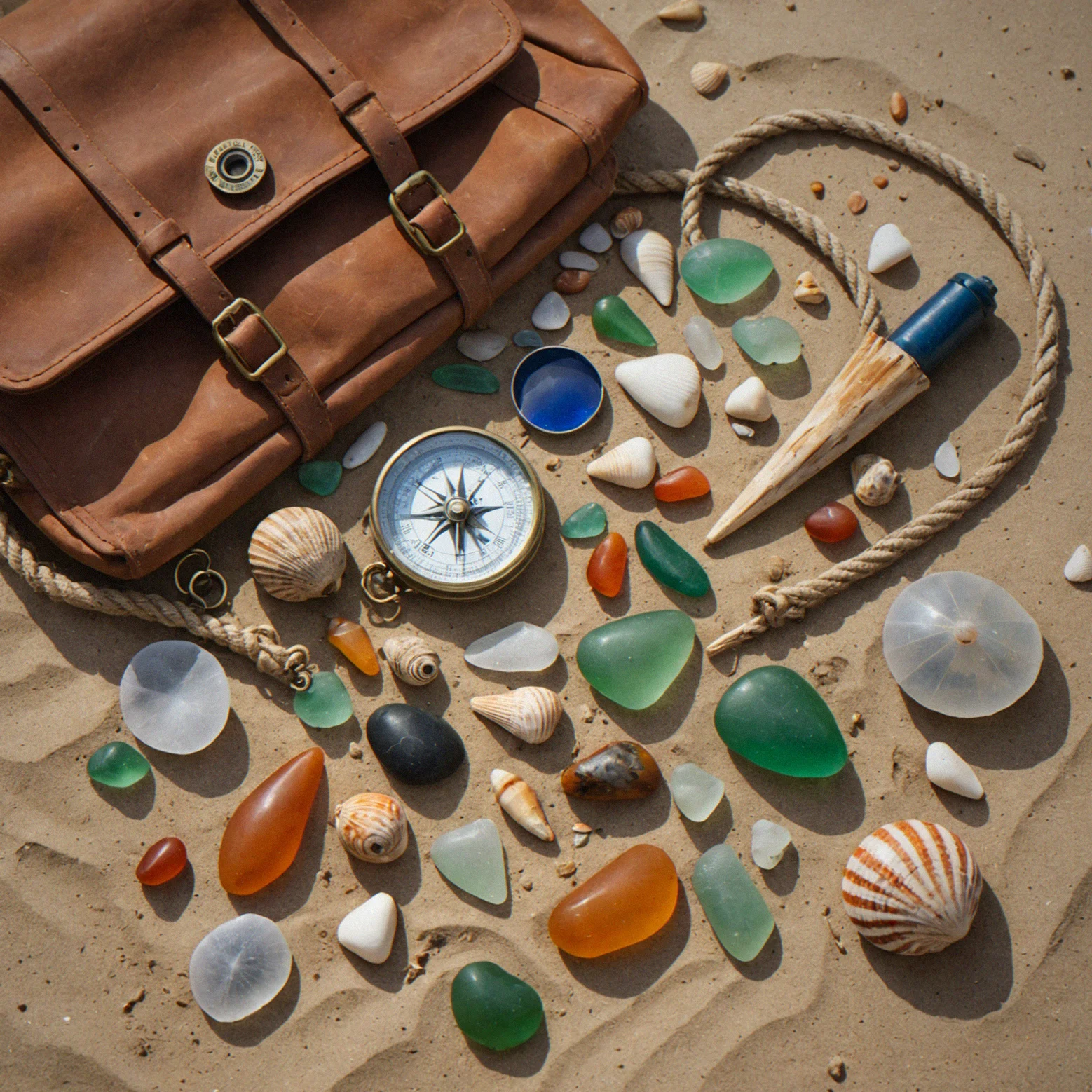 A worn canvas bag filled with carefully arranged found objects: a compass, photographs, sea glass and bits of rope
