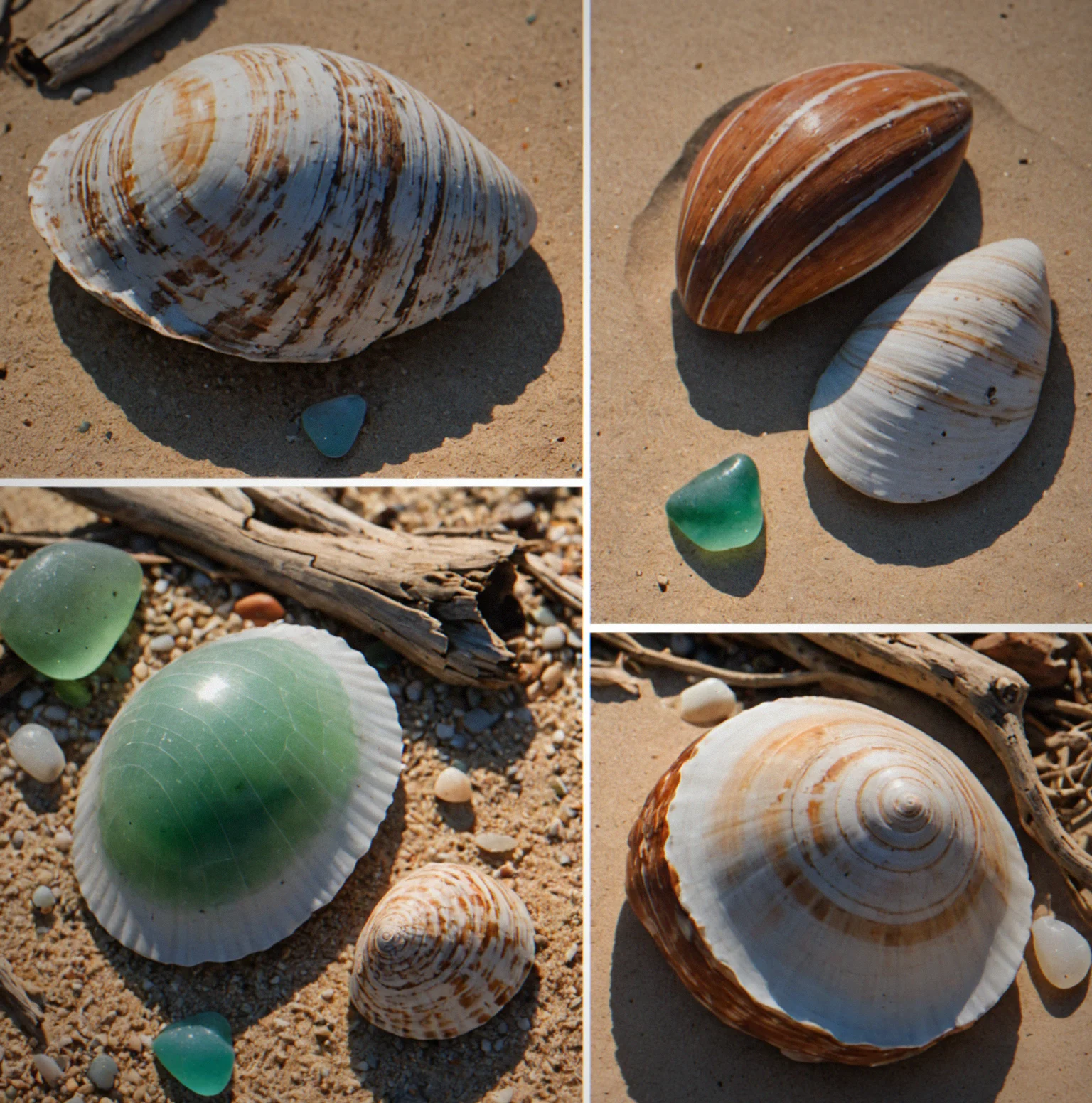 A rocky outcrop on the shoreline photographed at four different times of day, showing dramatic shifts in shadow and color