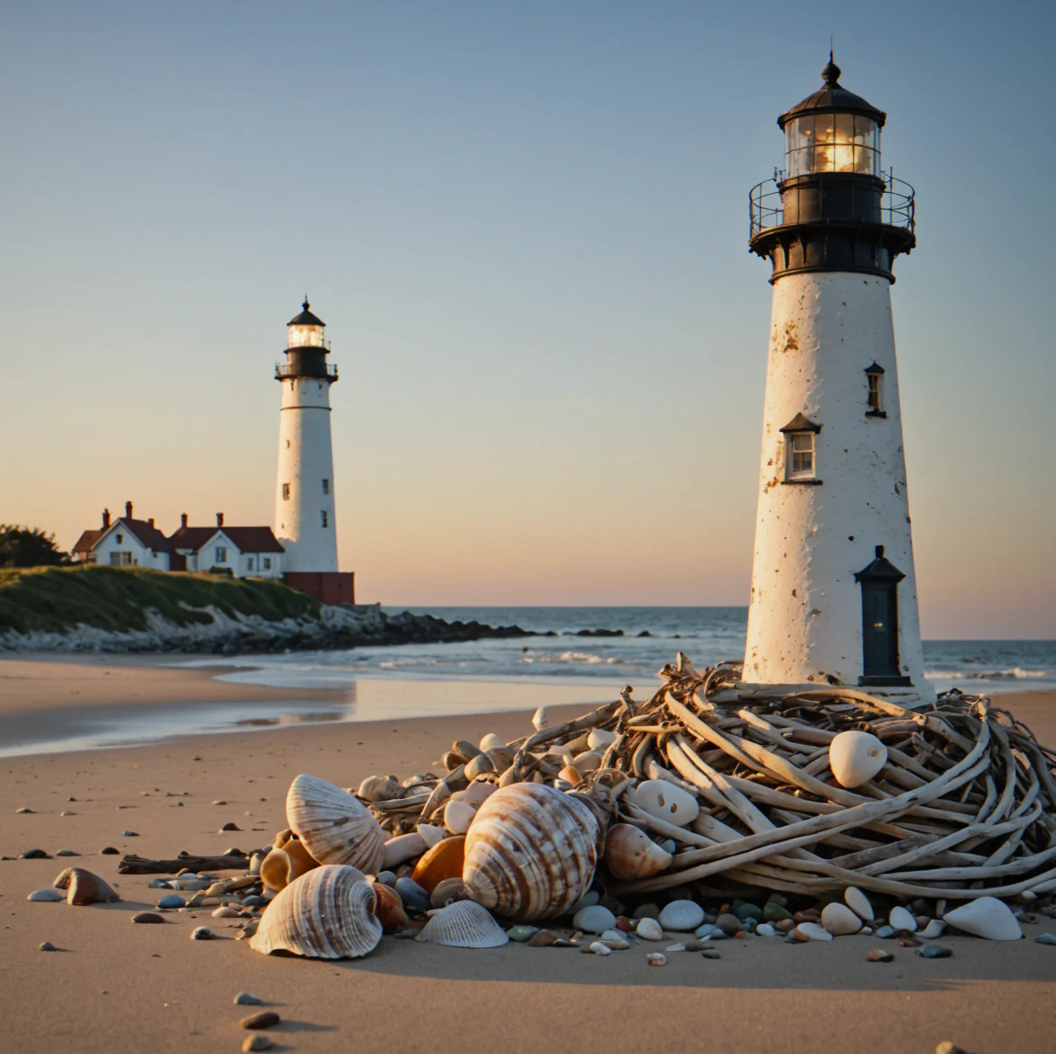 A coastal lighthouse viewed from the beach at dusk, with weathered details visible on the structure and keeper's cottage