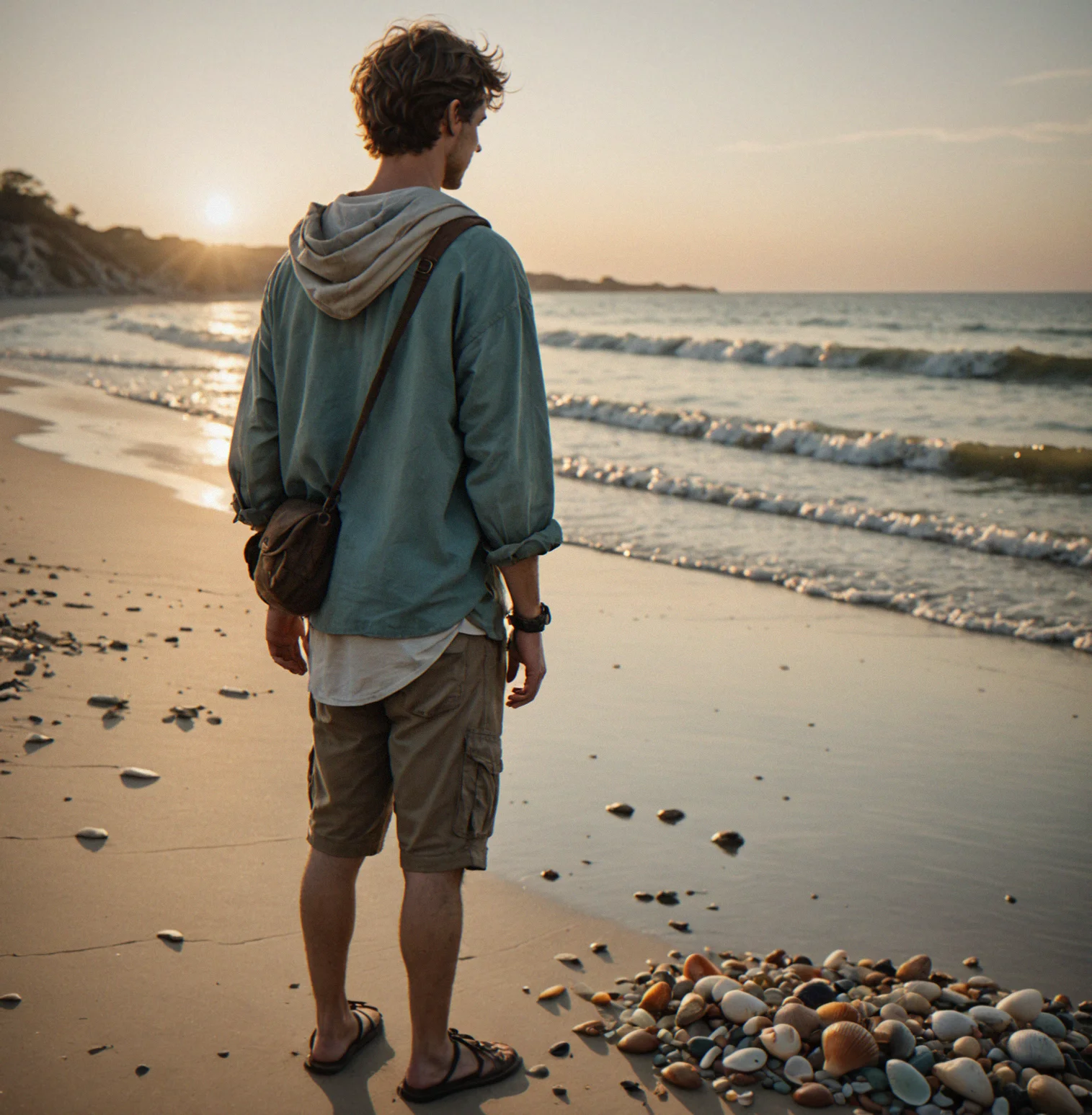 A player character standing at the water's edge at sunset, looking out toward the horizon with the same shoreline in background