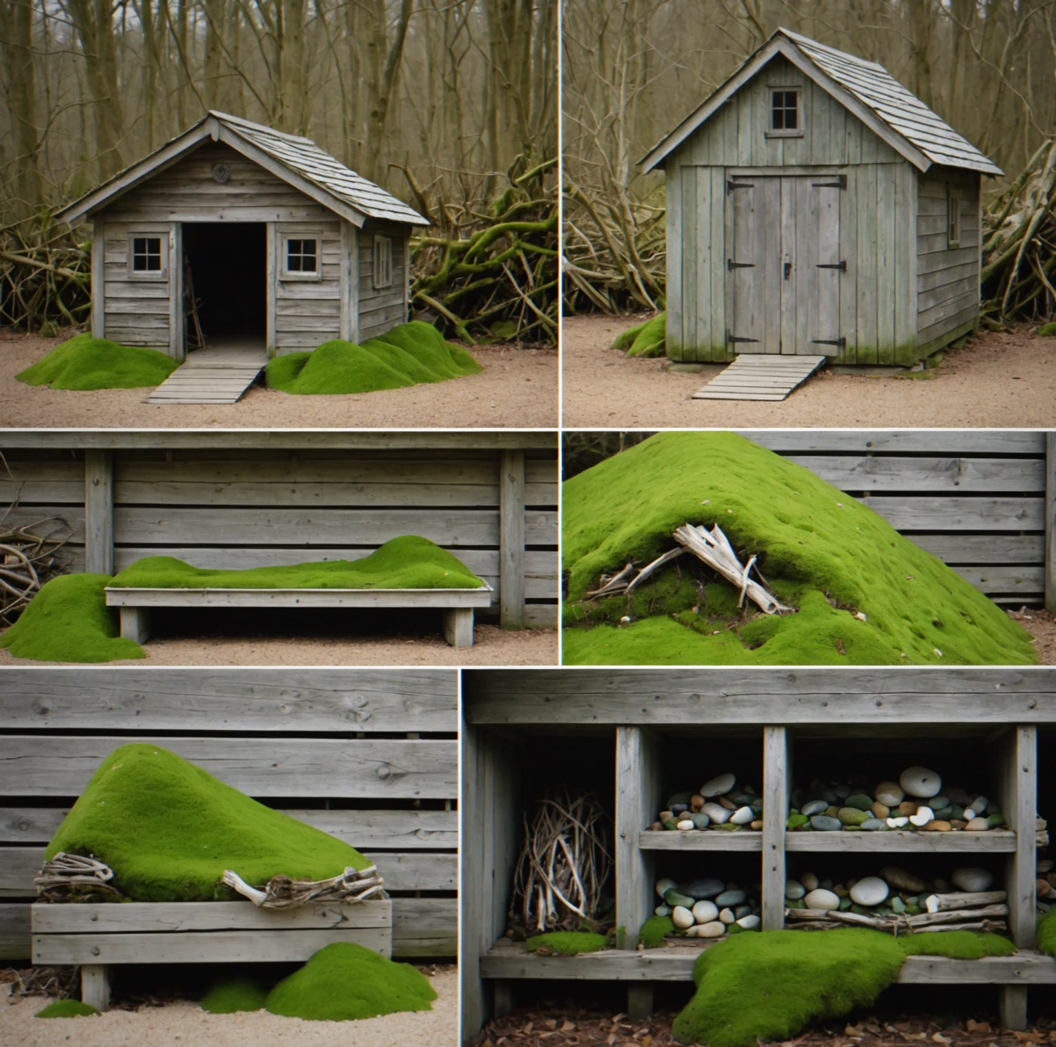 An old wooden boathouse shown in four seasonal states: summeer with green moss, autumn bare, winter with snow, spring new growth