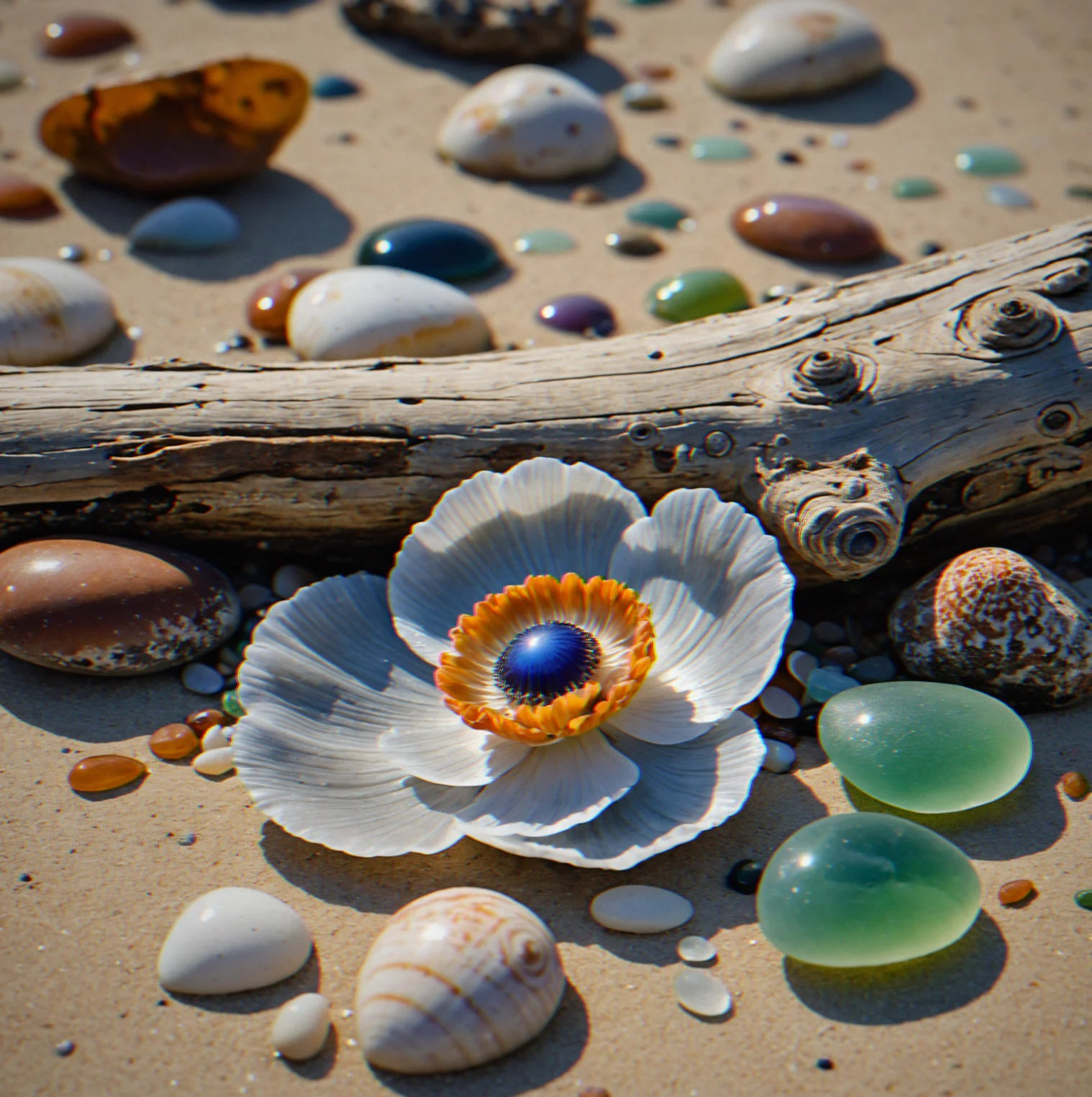 Rocky tide pools at low tide revealing anemones and sea glass, with the waterline visible in the distance