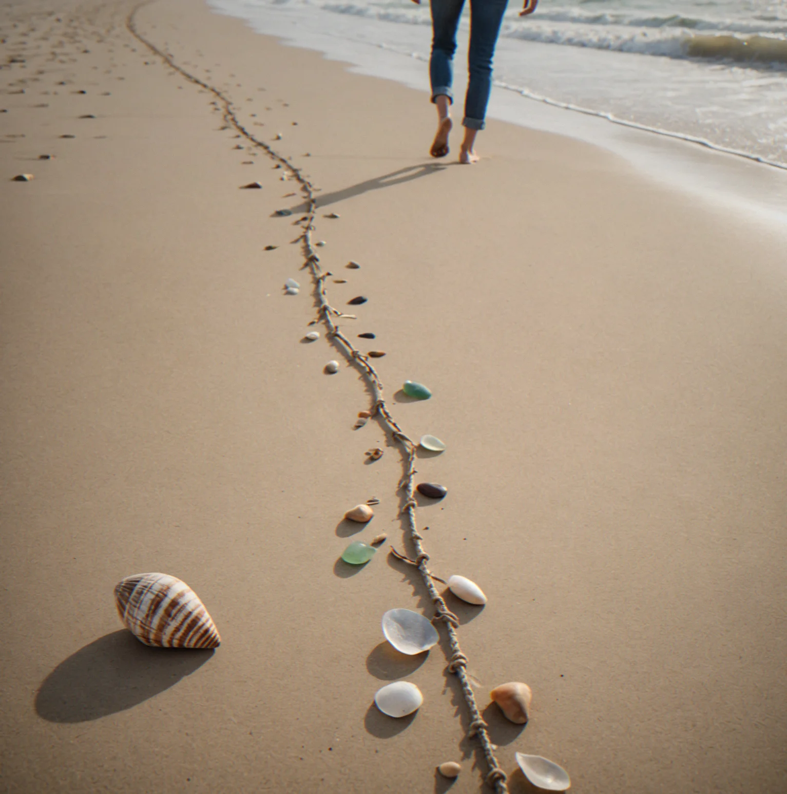 A figure walking along a wide sandy beach with footprints trailing behind, under an overcast sky