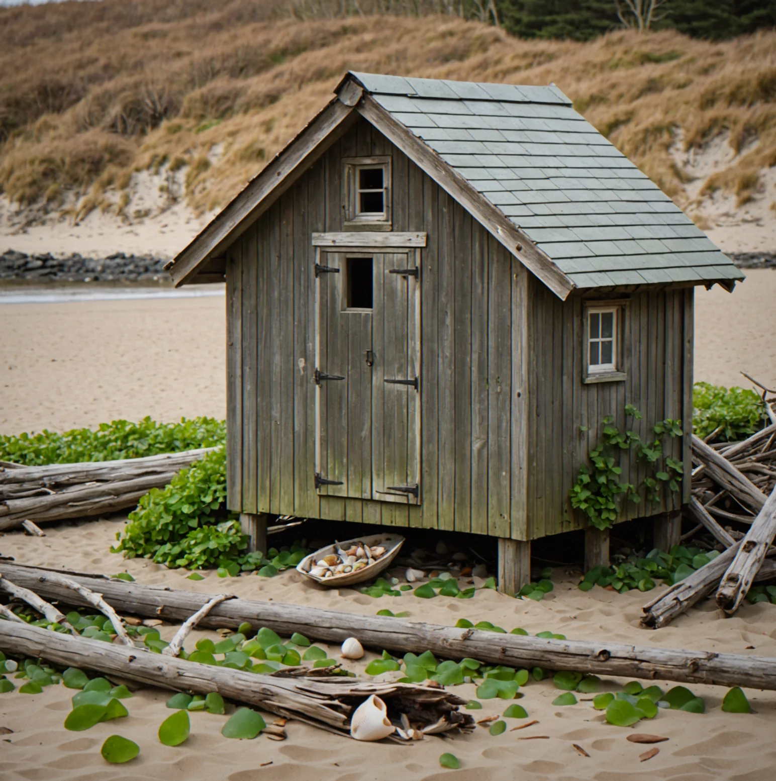 An old wooden boathouse viewed across three seasons: summer with green growth, autumn bare, winter snow-covered