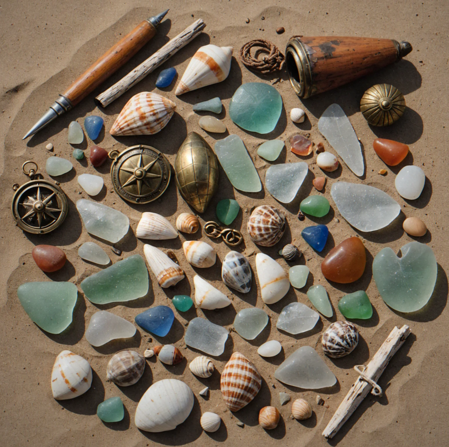 A collection of found items arranged on sand: weathered photographs, a brass compass, pages from a journal, sea glass
