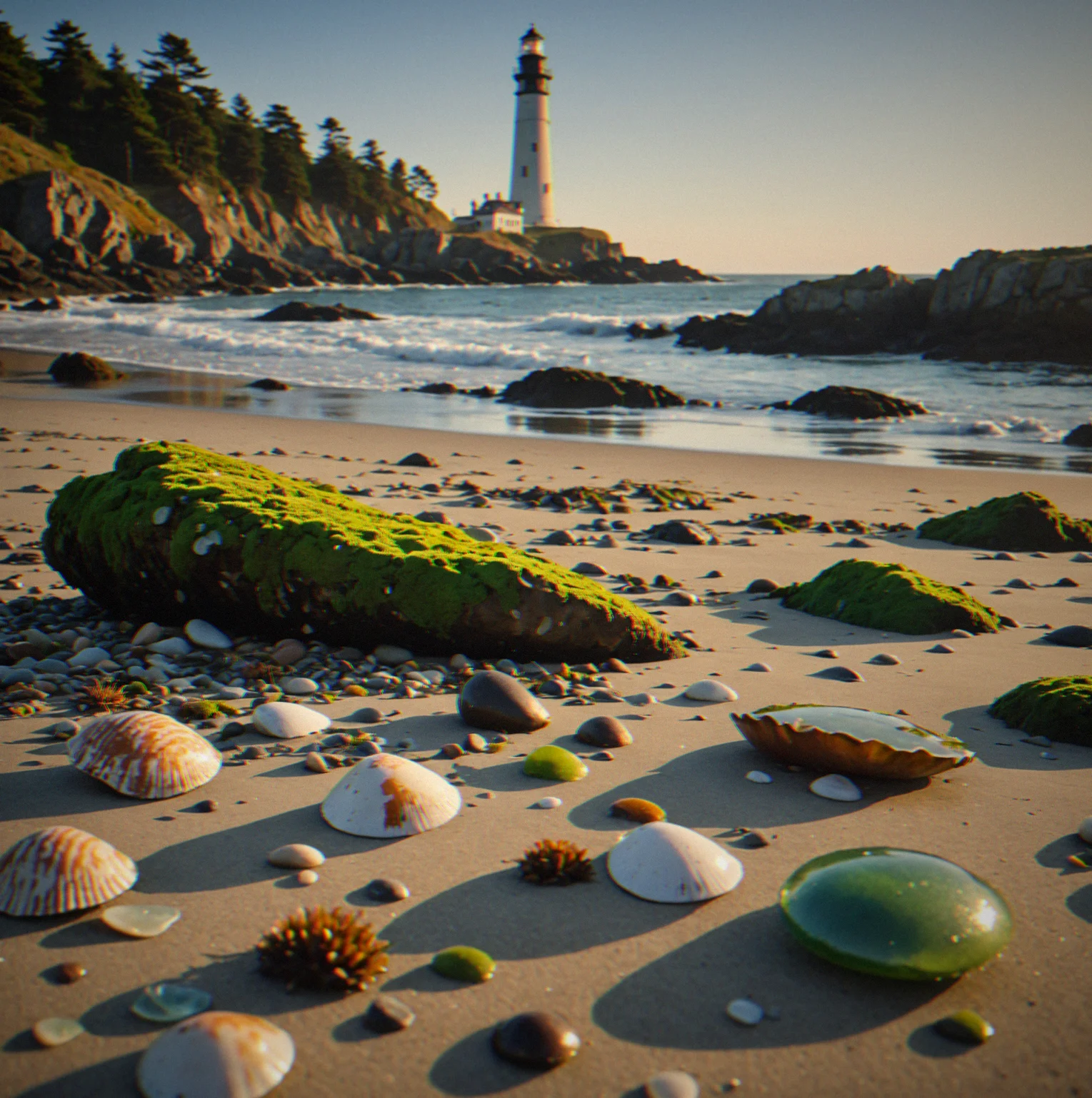 A rocky shoreline at dusk with waves breaking against moss-covered stones, kelp scattered across wet sand, and a distant lighthouse silhouette