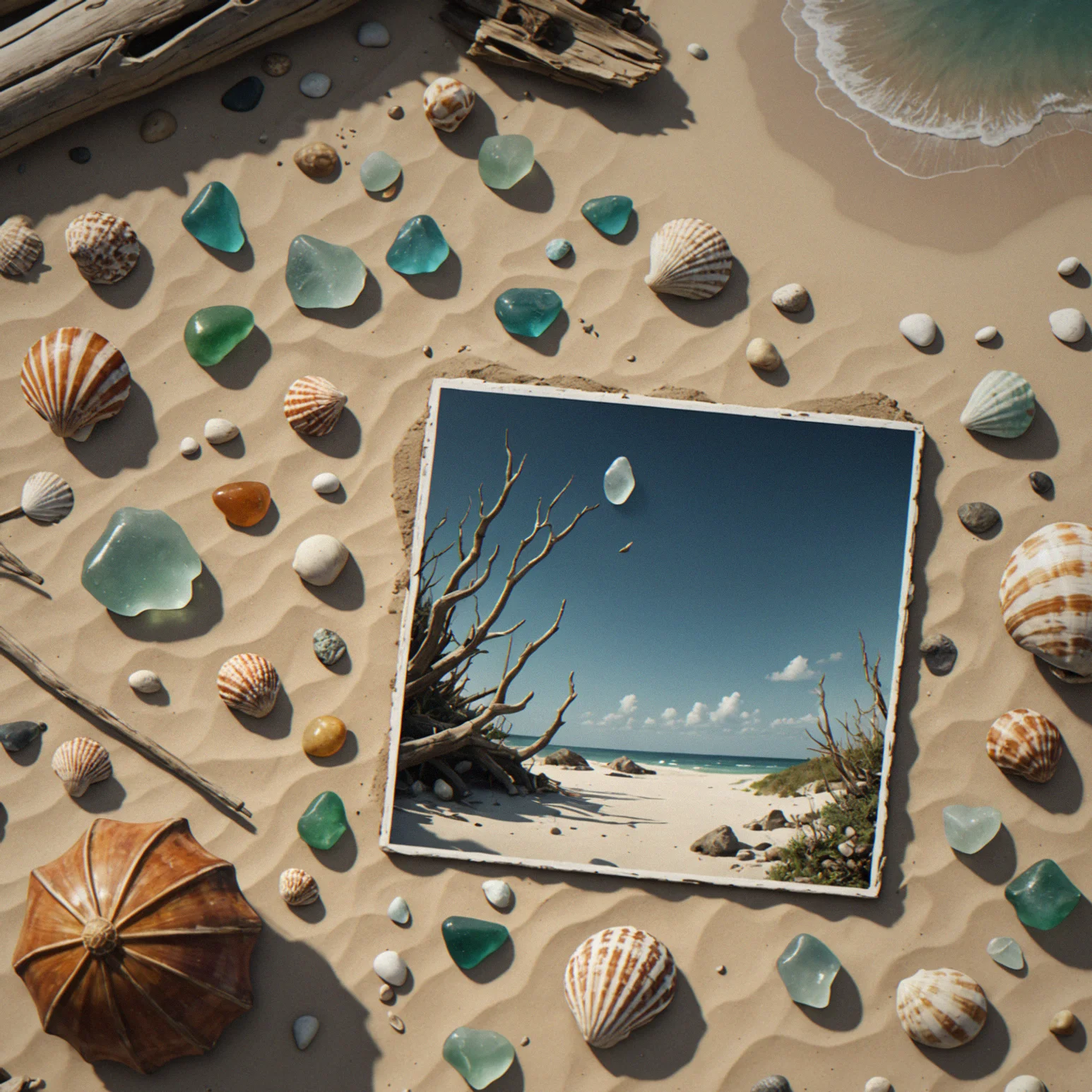 A gameplay screenshot showing the shoreline with minimal UI elements—no quest markers, no health bars, just the player's perspective and held objects in inventory